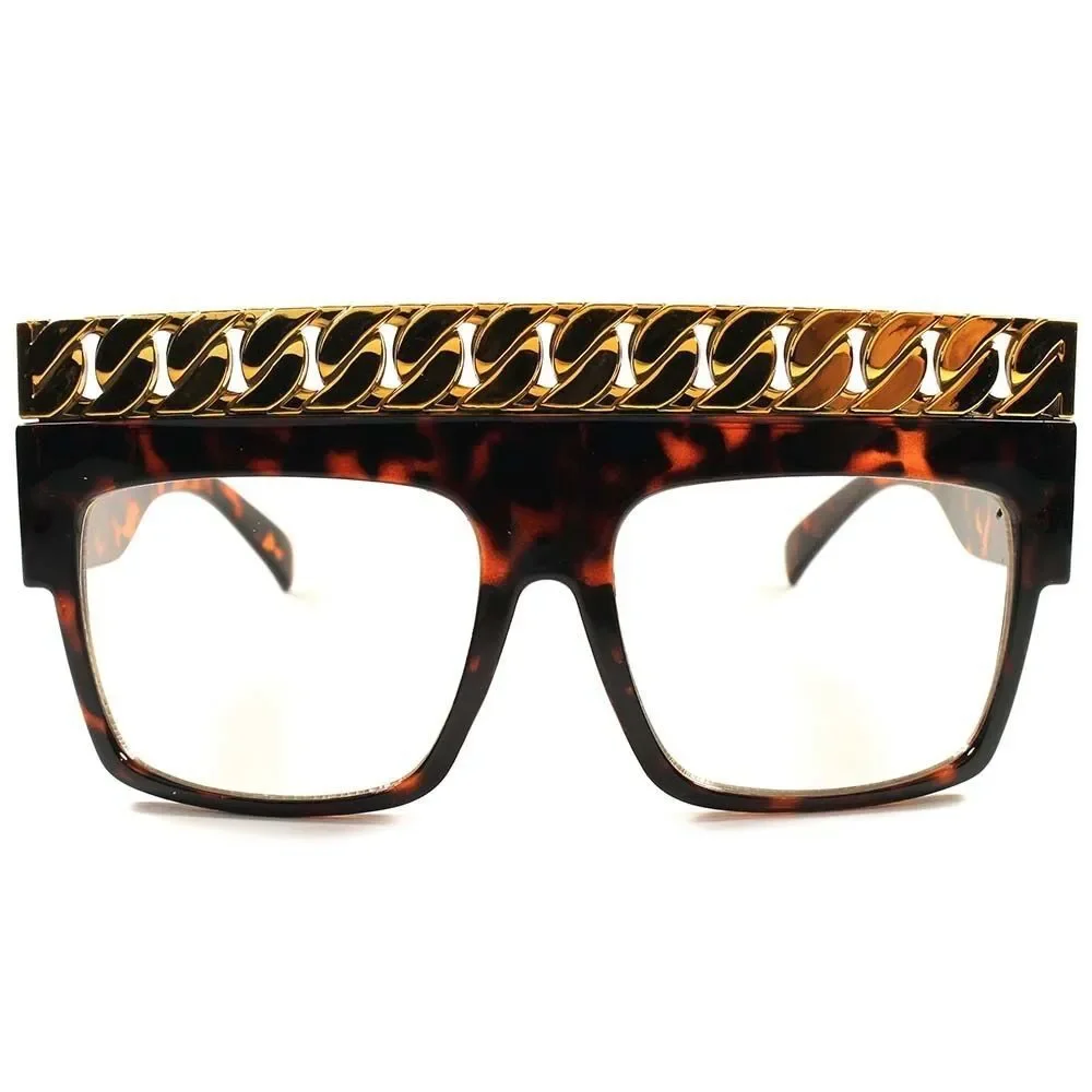 Designer Hip Hop Rapper Gold Cuban Link Chain Top Square Tortoise Clear Glasses